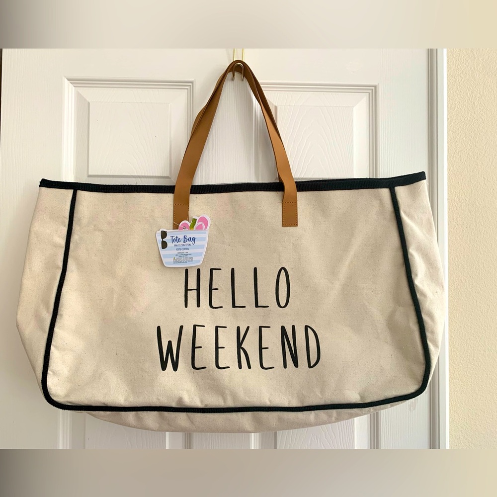 NWT Large Tote: Oatmeal Color 💯% Cotton Hello Weekend 23x14x5 inches